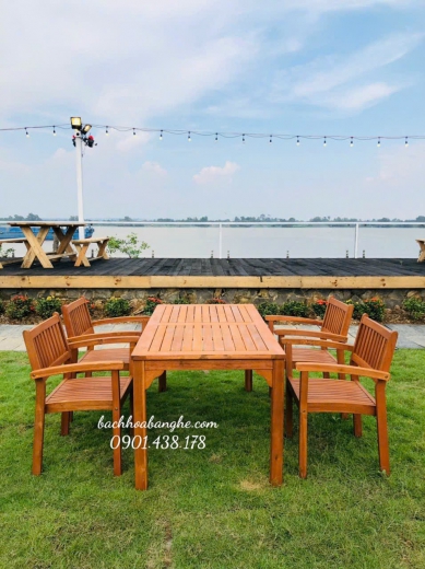 Bộ bàn ghế gỗ quán ăn nhà hàng sân vườn, sân thượng BT12